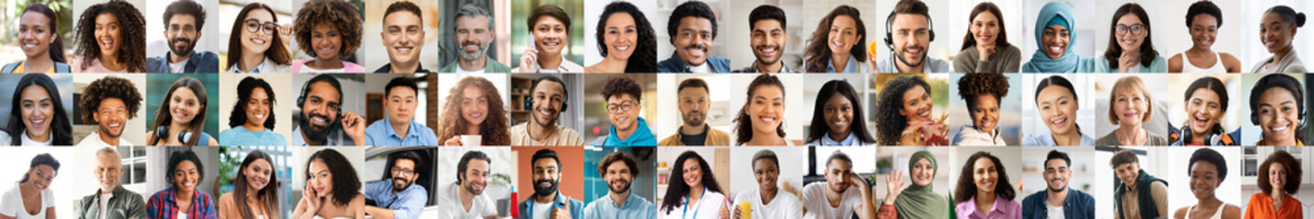 Fototapeta premium A collection of portraits showcases a diverse group of individuals, all smiling and exhibiting happiness. The joyful atmosphere reflects a celebration of multiethnic lifestyles and connections.