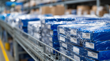 Fototapeta na wymiar Close-up perspective of medical supply room, blue and white boxes arranged in perfect alignment on wire shelves, clear plastic wrapping catching light, emphasizing precision and hy