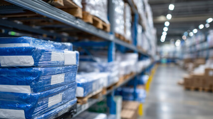 Fototapeta premium Industrial-style medical storage room, shelves stocked with packages in blue and white, plastic-wrapped supplies, neat rows, bright and clean sterile atmosphere, close-up detail