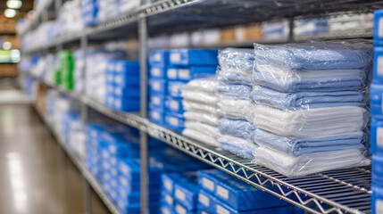 Fototapeta na wymiar Organized medical supply room with close-up on meticulously stacked blue and white boxes, clear plastic-wrapped items on durable wire shelving, emphasizing hygiene and precise arra