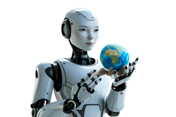 realistic white humanoid robot with blue eyes, holding a globe, no background