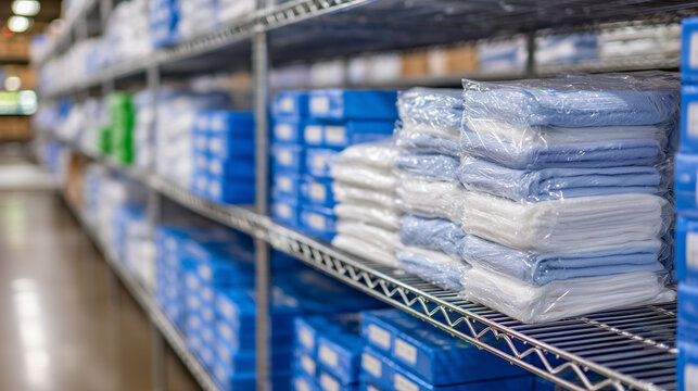 Organized medical supply room with close-up on meticulously stacked blue and white boxes, clear plastic-wrapped items on durable wire shelving, emphasizing hygiene and precise arra