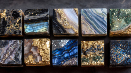 Close-up view of polished rare earth mineral samples, rich metallic colors, intricate grain patterns and sparkling flecks on dark matte background