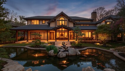 Obraz premium A stunning modern home with a tranquil Japanese-style garden at dusk, showcasing elegant architecture and tranquil landscaping.