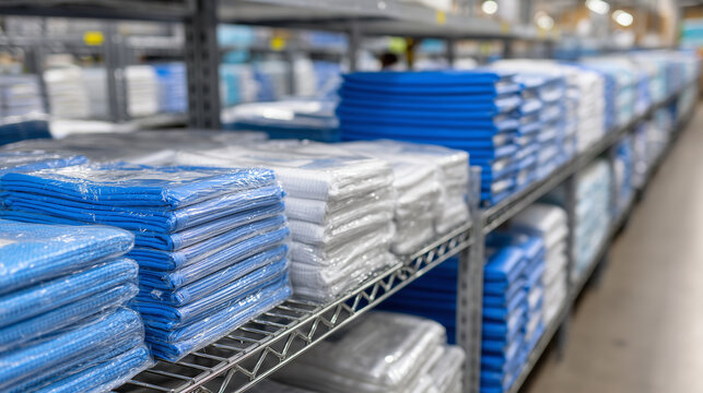 Organized medical supply room with close-up on meticulously stacked blue and white boxes, clear plastic-wrapped items on durable wire shelving, emphasizing hygiene and precise arra