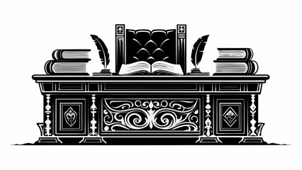 Fototapeta premium Illustration of a detailed desk with books, quills, and an open book in a monochrome style | editable eps vectors silhouette