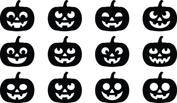 Collection of 12 hand drawn halloween jack o lantern faces