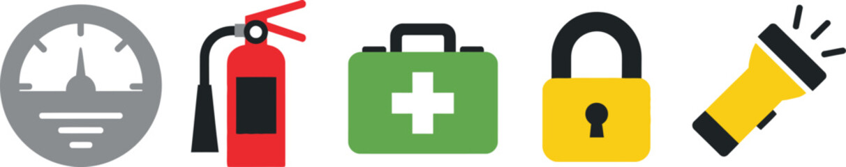 Obraz premium Essential Safety Equipment Icons for Emergency Preparedness