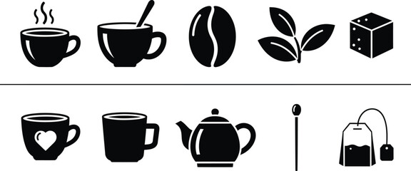 Coffee and Tea Solid Icon Set - Warm Beverage Icons Collection