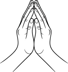 Line art drawing of praying hands in namaste gesture