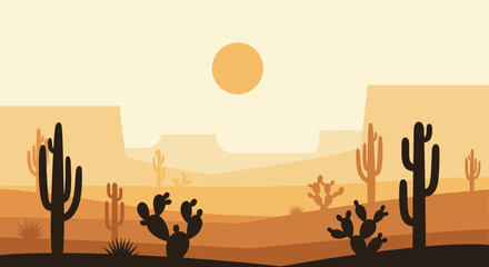 Serene Desert Landscape With Cactus Silhouette At Golden Hour Scenery
