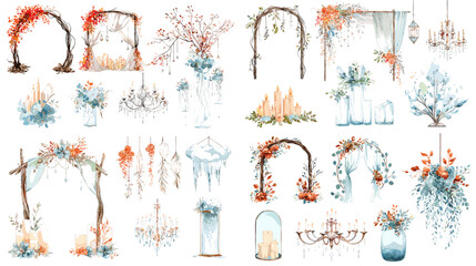 Description: Romantic watercolor illustration of wedding arches, chandeliers, candles, and floral arrangements in elegant rustic style, ideal for wedding decor and event design.