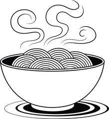 Hand drawn illustration of a steaming bowl of noodles on a plate
