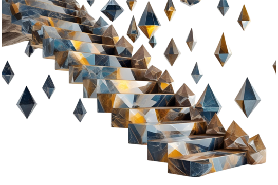 abstract crystal staircase with metallic and earthy geometric facets, no background - Powered by Adobe