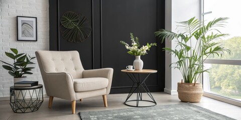 Beige Armchair in Modern Living Room with Plants, Metal Side Table and Leaf Wall Decor, Interior Design, Home Decor Interior design, home decor