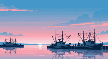 Serene Harbor Scene With Fishing Vessels Silhouetted Against Colorful Sky