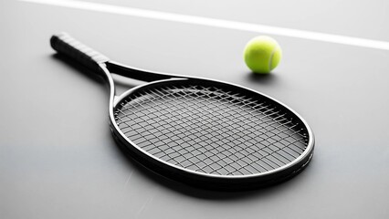 Tennis racket resting diagonally on hard court with a ball nearby, captured in minimalist style with copy space, symbolizing readiness, pause, and simplicity in sports design.