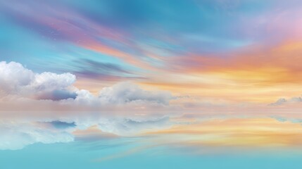 Obraz premium Beautiful blue sky with a pink and orange sunset. The sky is filled with clouds and the sun is setting