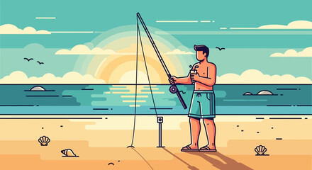 Fototapeta premium Relaxing Coastal Fishing With a Drink on a Bright Sunny Day Vector