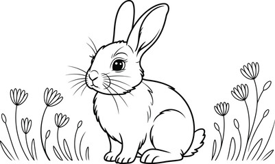 Cute bunny rabbit sitting in a field of wildflowers illustration