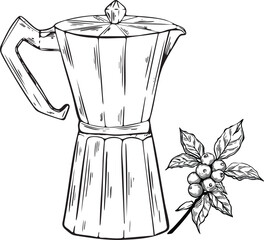 Coffee maker with a coffee branch and beans line art style vector. Engraving style. For packaging design, cafe branding, food labels, restaurant menu, posters, and coffee-related products. 