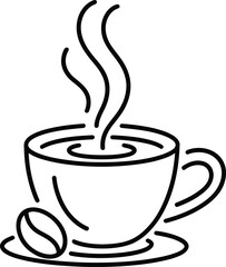 Simple line drawing of a hot steaming coffee cup with a coffee bean