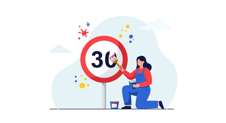Renewing Speed Limits Sign: Woman Painting The Number Thirty On The Sign