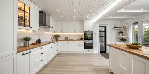 Bright White Farmhouse Kitchen L-Shaped Design, Wooden Countertop, Modern Appliances, Scandinavian Style Farmhouse kitchen, kitchen design, interior design