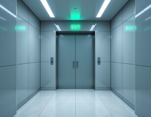 Modern Monochrome Elevator Corridor with Emergency Exit Sign