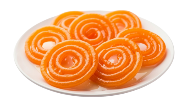 Golden Rings of Sweetness A Plate of Traditional Indian Jalebi A Popular Festival Sweet Isolated on White