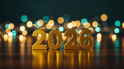 Golden 2026 new year celebration with glitter numbers and bokeh lights on dark festive background for holiday greeting and event decor