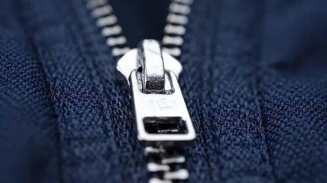 Close-up view of a shiny metal zipper being pulled up on a dark blue textured fabric, symbolizing closure and security