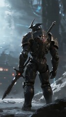 Armored Warrior Standing in a Futuristic, Ruined Landscape