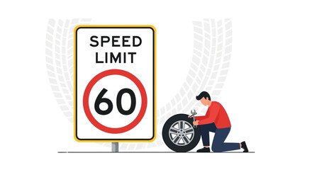 Roadside Assistance Changing Tire Under Speed Limit Sign Vector Illustration