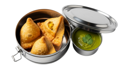 The Ultimate Snack Pack A Traditional Indian Samosa with Mint Chutney Served in a Steel Tiffin Box Isolated on White