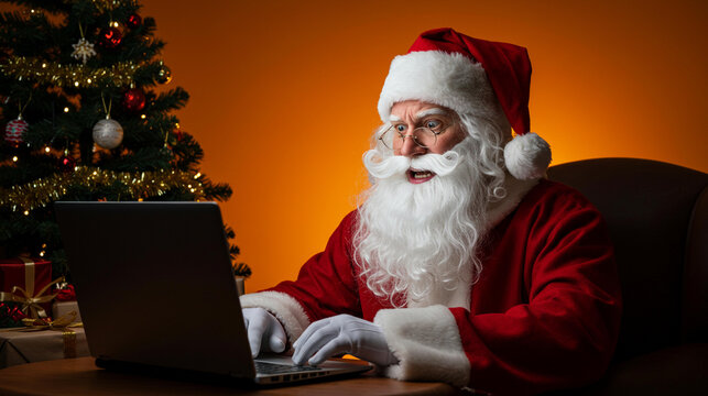 Santa Claus using laptop with shocked expression during Christmas holiday in festive home setting with tree and presents in background
