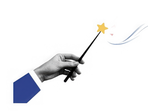 A hand holding a magic wand with star. Modern collage style. Illustration on transparent background