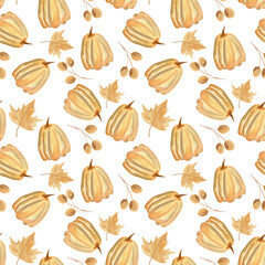 Seamless watercolor pattern with pumpkin and autumn leaves. The color palette includes shades of orange, yellow and brown on a white background. It is suitable for the design of seasonal projects
