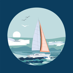 Obraz premium This circular illustration depicts a sailboat gracefully cruising on the water. The art style has a calm, tranquil feel, with gentle waves and a serene sky featuring the sun and seagulls. 