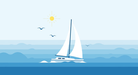 Fototapeta premium Sailboat On The Ocean Under The Sun For Summer And Vacations