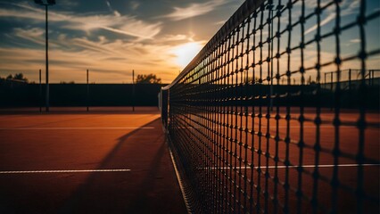 Obraz premium Empty tennis court with net in focus at golden hour, bathed in dramatic sunlight, symbolizing waiting, calm before the game, and the beauty of sport environment in silence.