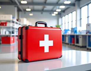 Red first-aid kit on a table in a modern industrial space