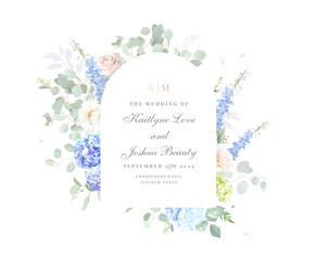 Bridgerton inspired pastel floral vector design frame. Blue delphinium, hydrangea, white peony, eucalyptus, rose, hyacinth, greenery and plants card. All flowers and branches are isolated and movable