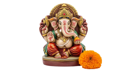Greetings for Ganesh Chaturthi A Sacred Idol of Lord Ganpati with a Marigold Flower for Puja Isolated on White