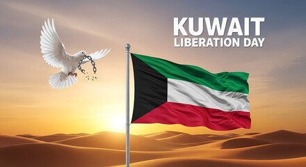 Kuwait liberation day celebration with flag in desert at sunset and peaceful dove