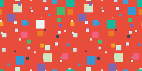 Abstract background with colorful geometric squares on a red backdrop. Modern bright pattern for design, technology style, and creative visuals.