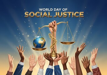 Celebration of world day of social justice with diverse hands uplifting scales and globe for equality and unity