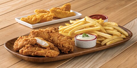 Naklejka premium Crispy Chicken Tenders and Fries Platter Wooden Tray, Golden-Brown Food, Delicious Meal, Fast Food Fast Food, Chicken Tenders