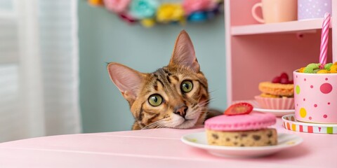 Curious Bengal Cat and Pink Sweets Close-up Composition, Pastel Colors, Playful Concept, cat, dessert Cat, Sweets