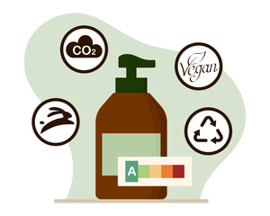 Skincare pump bottle with eco labels - vegan, cruelty free, recycle, CO2 and A-grade eco-score rating bar. Flat illustration for natural, sustainable beauty and product labeling